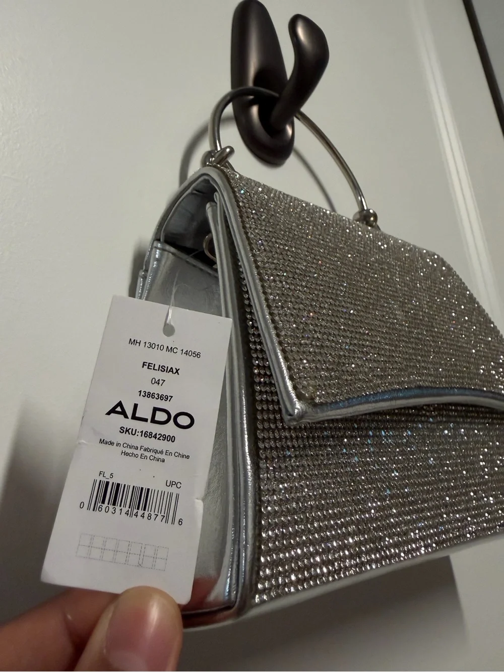 NWT ALDO Felisiax Silver Rhinestone Top Handle Evening Bag Clutch Crossbody